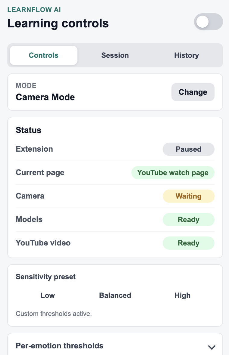 Camera mode dashboard